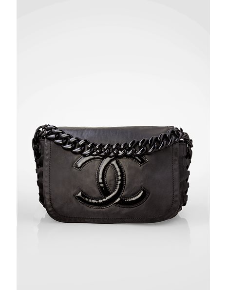 Black Leather Bag with Acrylic Chain and Logo on the Front