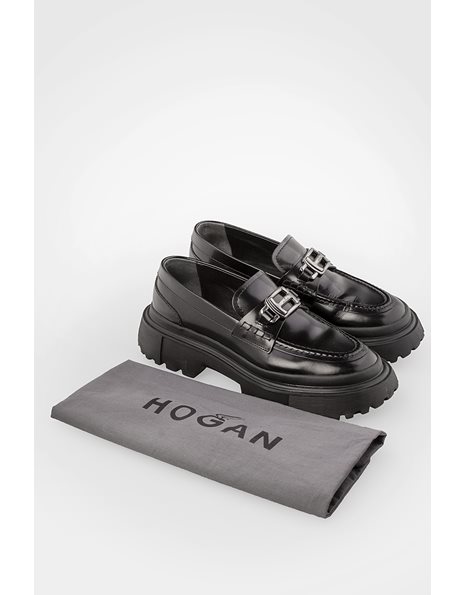 Black Leather Loafers with Dark Silver Buckle - Size: 39 - Fit: True to Size