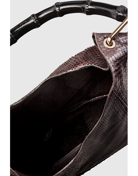 Brown Python Skin Shoulder Bag with Bamboo Handle