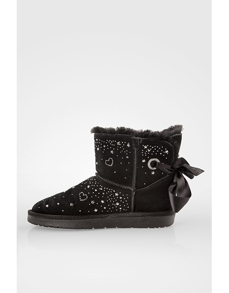 Black Suede Boots with Decorative Hearts and Stars - Size: 38 - Fit: Half Size Smaller