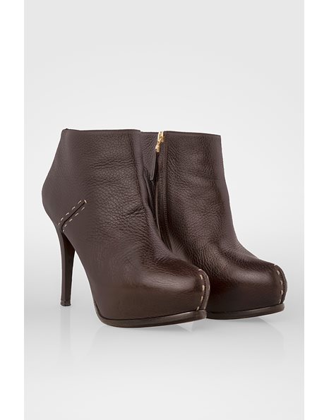 Brown Leather Platformed Ankle Boots with Decorative Beige Stitching / Size: 38.5 - Fit: True to Size