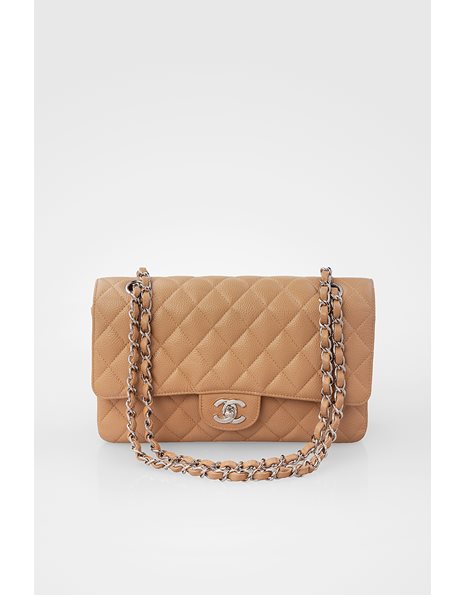  Beige Caviar Leather Medium Classic Double Flap Bag with Silver Chain