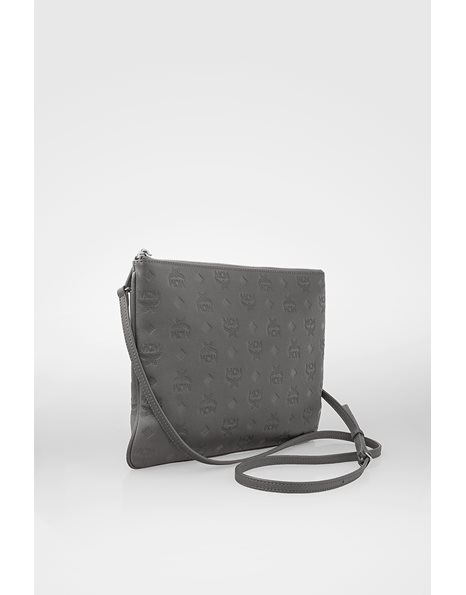 Grey Leather Crossbody Bag with Embossed Logo
