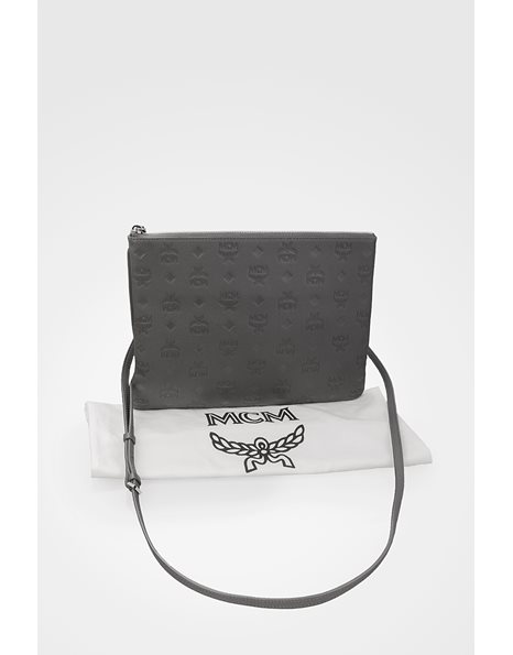 Grey Leather Crossbody Bag with Embossed Logo