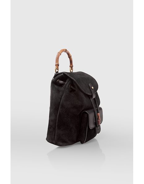 Μαύρο Backpack από Σουέντ και Δέρμα με Bamboo Λεπτομέρειες