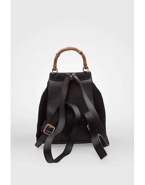 Black Suede and Leather Backpack with Bamboo Details