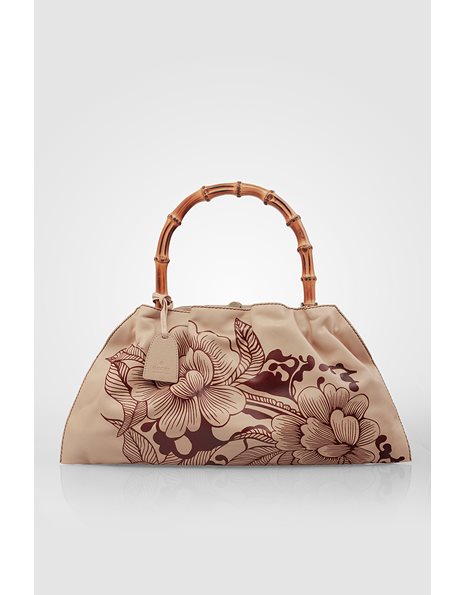 Beige Leather Floral Bag with Bamboo Handle