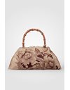 Beige Leather Floral Bag with Bamboo Handle