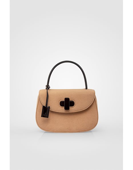 Small Tan Wool Bag with Black Leather Details