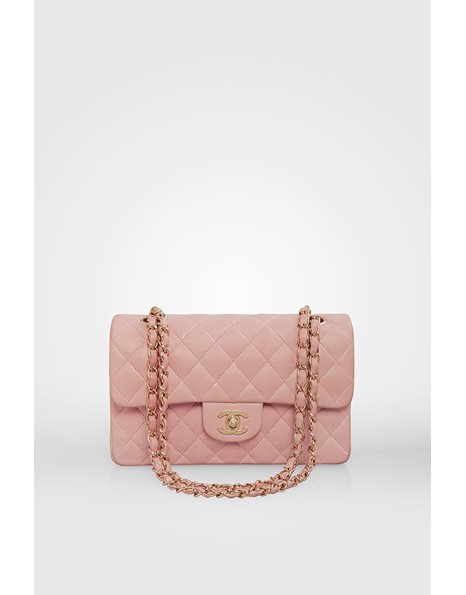 Small Pink Lambskin Classic Double Flap Bag with Gold Chain