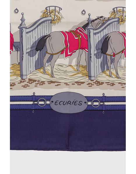 Navy Silk Scarf "Ecuries" with Horses Print