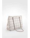 White Leather Blue Stitched Shoulder Bag with Silver Tone Chain