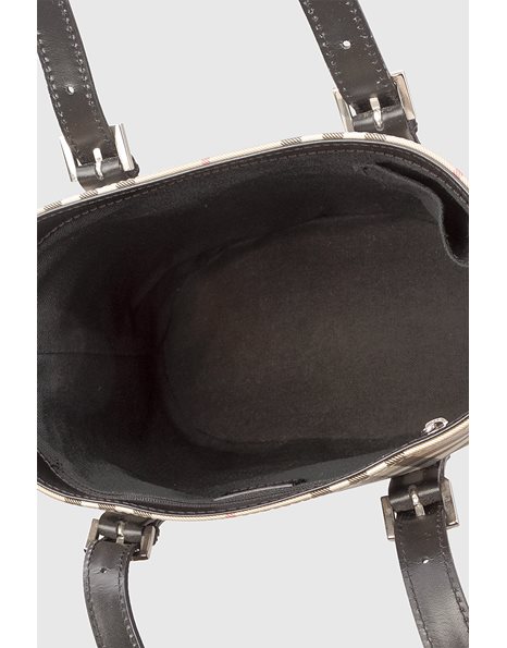 Beige Nova Check Bucket Bag with Black Leather Details