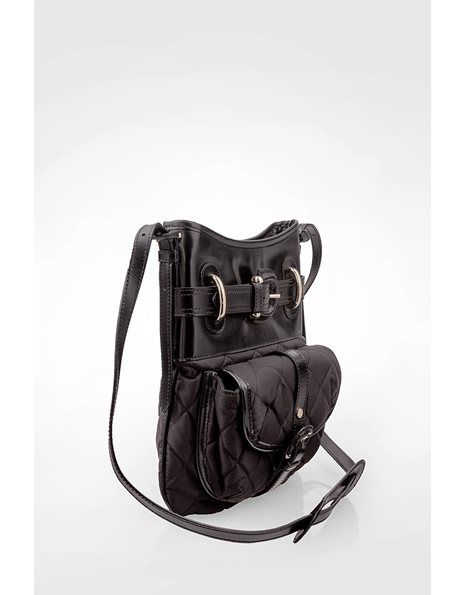 Black Quilted Nylon Crossbody Bag with Black Leather Details
