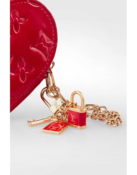 Red Patent Leather Heart Shaped Coin Pouch with Embossed Monogram