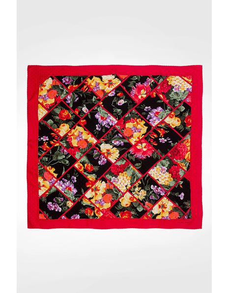Red Silk Satin Polka Dot Scarf with Floral Print