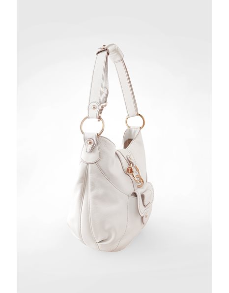 White Leather Hobo Bag with Gold Tone Metallic Details