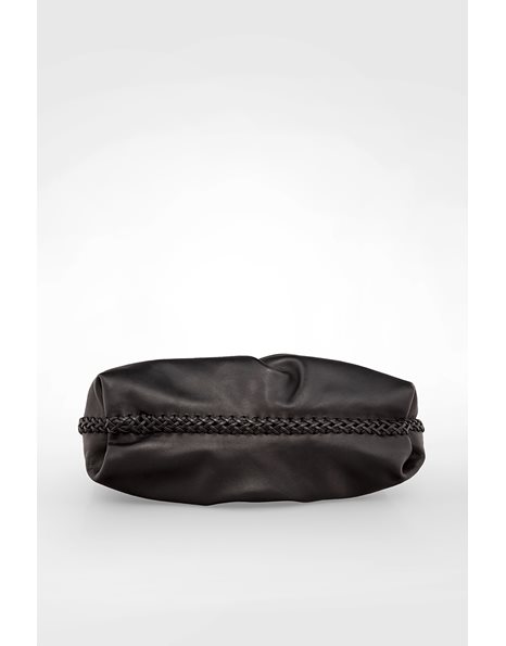 Black Leather Pleated Clutch with Macrame Handle